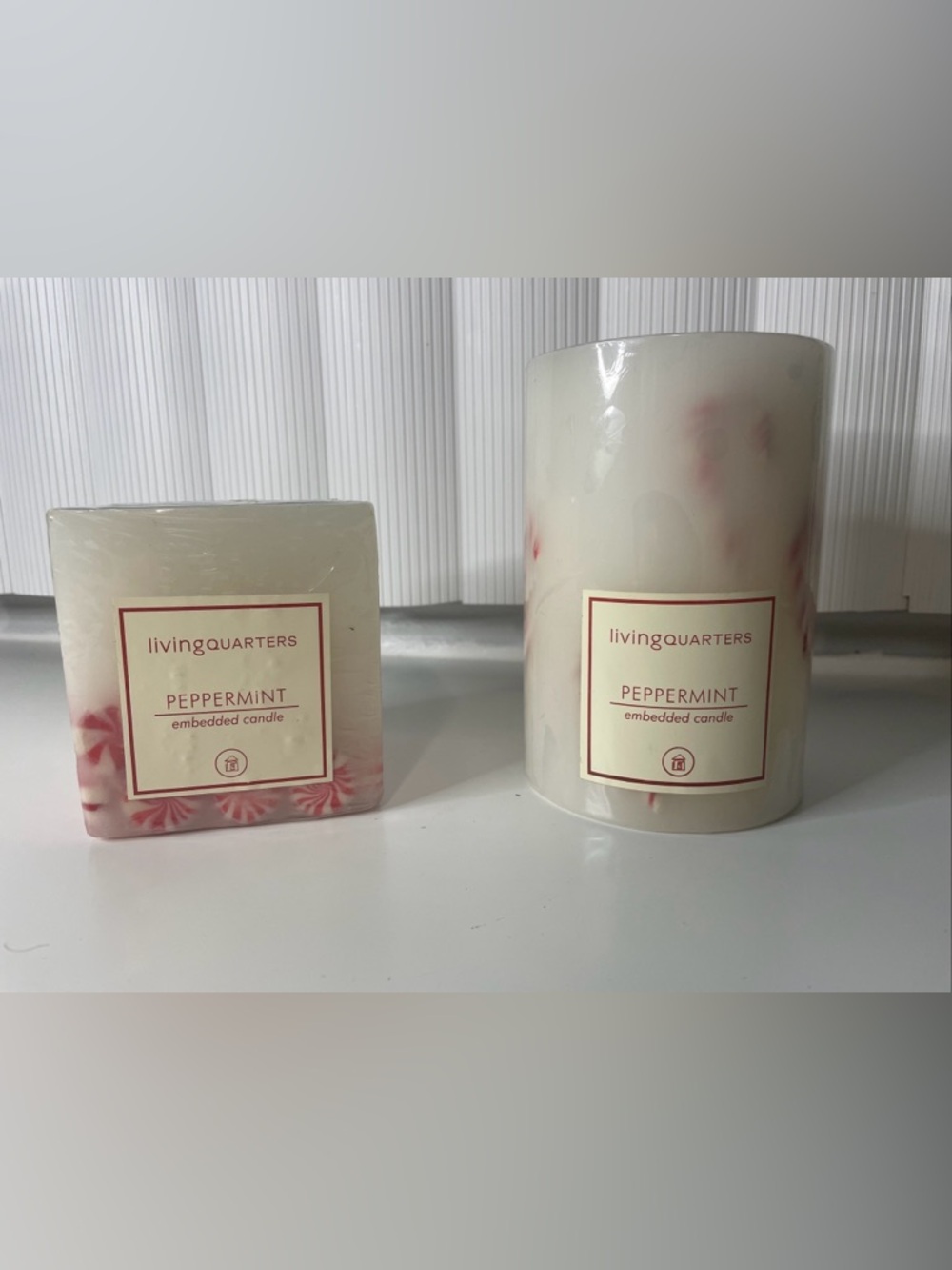 Brand New Living Quarters  Peppermint Candy Embedded Pillar Candle  Lot Of 2